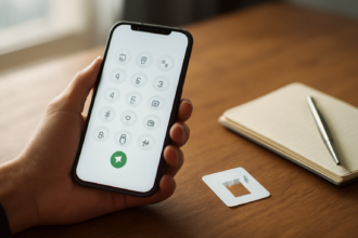 Tangan memegang ponsel dengan keypad panggilan dan kartu SIM di atas meja untuk mengecek nomor HP sendiri