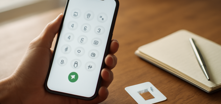 Tangan memegang ponsel dengan keypad panggilan dan kartu SIM di atas meja untuk mengecek nomor HP sendiri