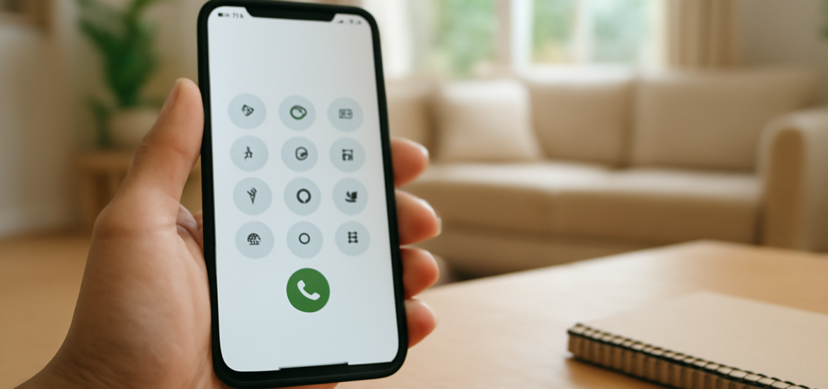 Tangan memegang ponsel dan kartu SIM di atas meja untuk mengecek nomor Indosat