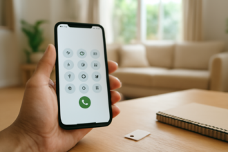 Tangan memegang ponsel dan kartu SIM di atas meja untuk mengecek nomor Indosat