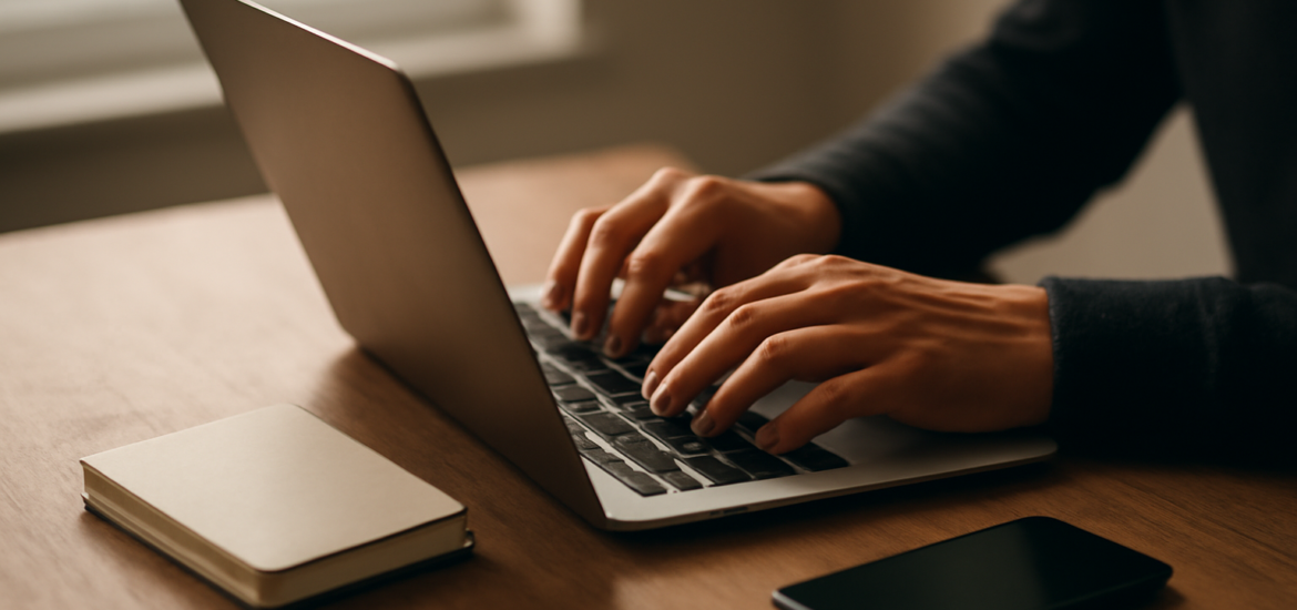 Seseorang mengetik di laptop sambil menyiapkan frasa sandi di meja kayu