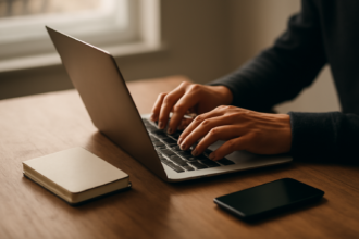 Seseorang mengetik di laptop sambil menyiapkan frasa sandi di meja kayu