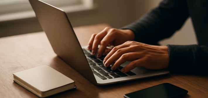 Seseorang mengetik di laptop sambil menyiapkan frasa sandi di meja kayu