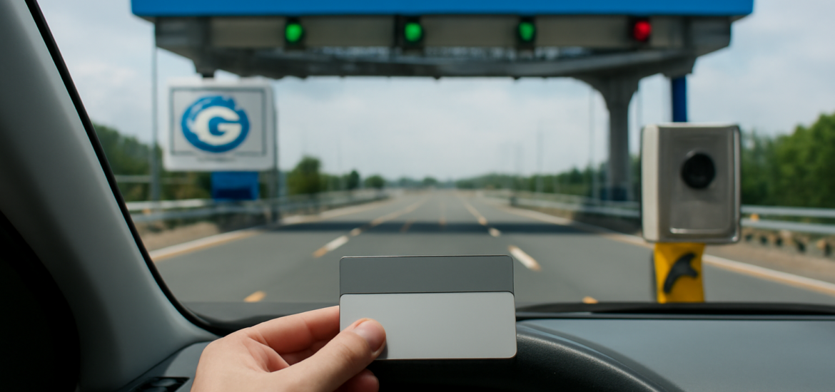 Mobil mendekati gerbang tol elektronik dengan stiker RFID di kaca dan kartu e-toll