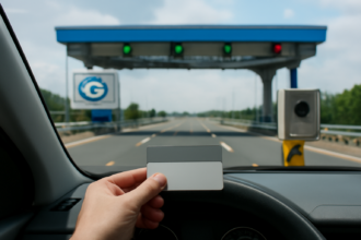 Mobil mendekati gerbang tol elektronik dengan stiker RFID di kaca dan kartu e-toll