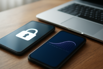 Dua ponsel dan laptop di meja untuk membandingkan layanan VPN gratis dan berbayar