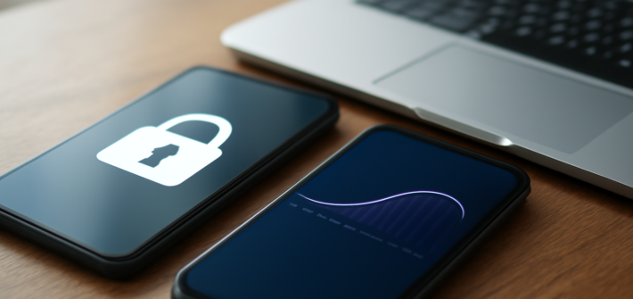 Dua ponsel dan laptop di meja untuk membandingkan layanan VPN gratis dan berbayar