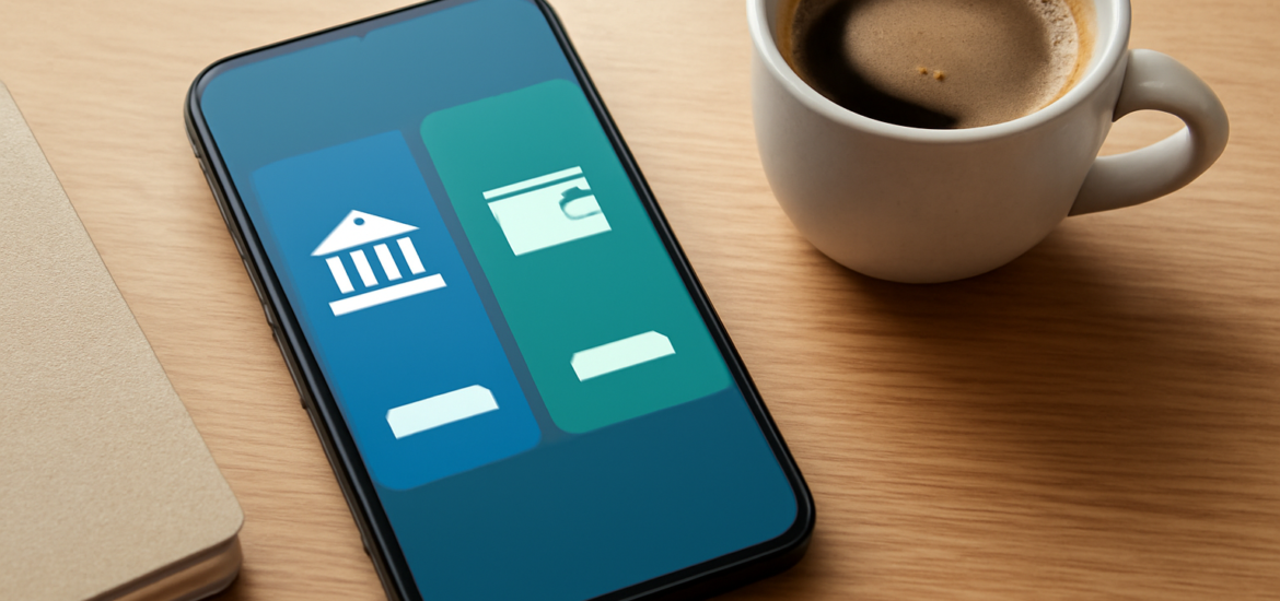 Smartphone menampilkan aplikasi mobile banking dan dompet digital di atas meja