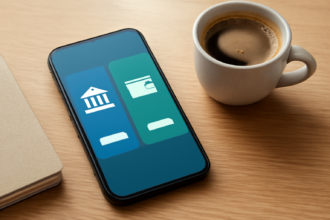Smartphone menampilkan aplikasi mobile banking dan dompet digital di atas meja